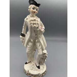 Vintage Japan Porcelain Colonial Gentleman Figurine White Gold Trim 7.5”
